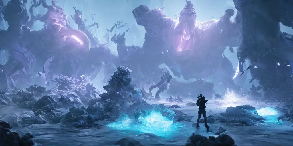 Image similar to hunting for mystical monster. realism in style of fornite game. bio luminescent, plasma, ice, water, wind, creature, artwork by tooth wu and wlop and beeple and greg rutkowski, epic cinematic shot, perfectly defined features, ambient occlusion