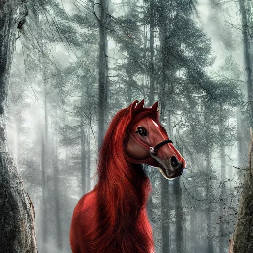 Image similar to a half - man, half - horse with a big red beard in a forest fantasy art, highly detailed