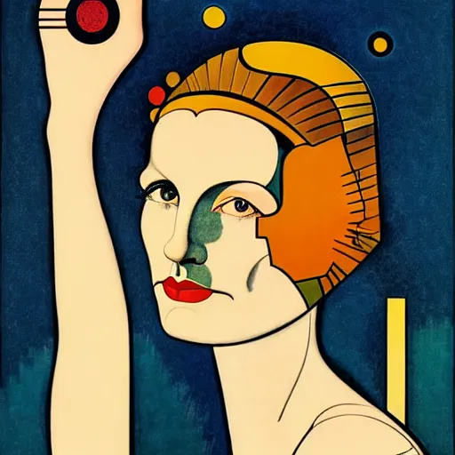 Prompt: Art in the style of Coles Phillips, Gaia, Full figured Mother Earth, portrait, Herbert Bayer, Kandinsky