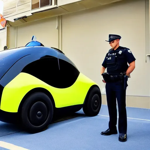 Image similar to robotic police unit shaped like an anthropomorphic rabbit, standing next to a parked futuristic police car