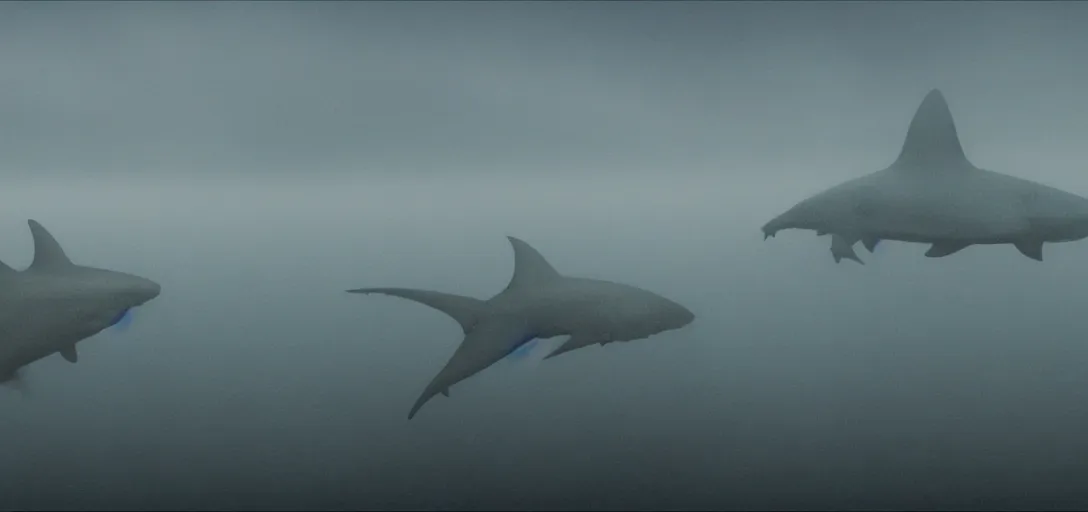 Image similar to a storm of sharks, foggy, cinematic shot, photo still from movie by denis villeneuve, wayne barlowe