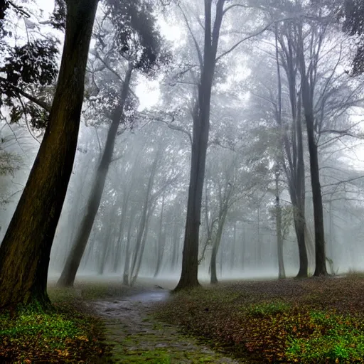 Prompt: a magical forrest, river, fog