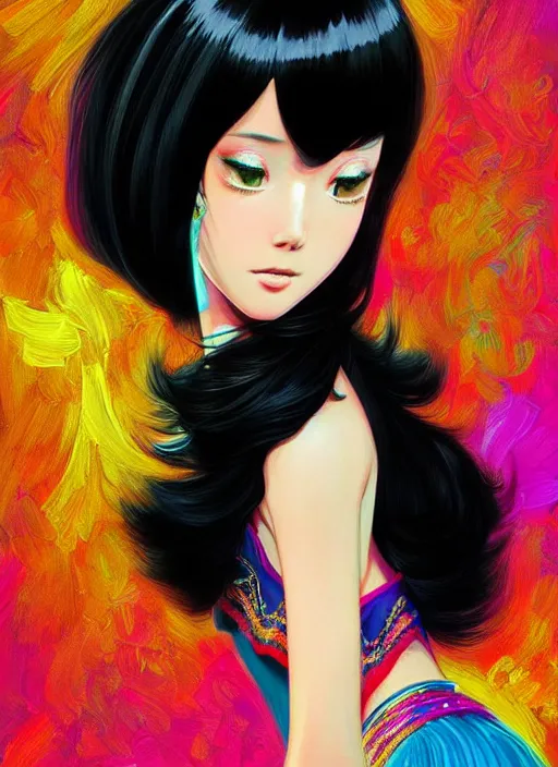 Image similar to a beautiful dancer with black hair in 1970's fashion, ballroom background, intricate, highly detailed, digital painting, artstation, official media, anime key visual, concept art, rich vivid colors, ambient lighting, sharp focus, illustration, art by Artgerm, Makoto Shinkai, Ilya Kuvshinov, Lois Van Baarle, and Rossdraws