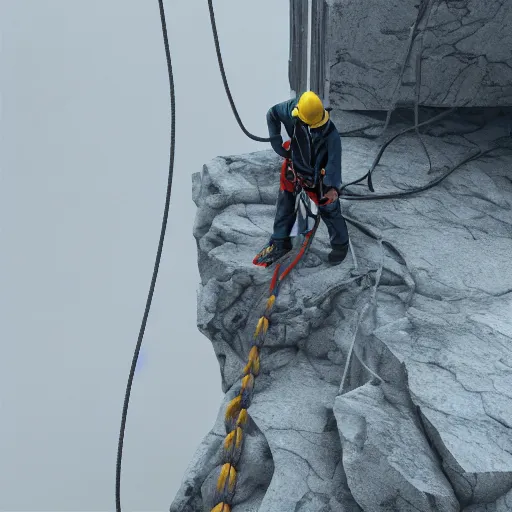 Image similar to rope access technician, extreme cold, cloudy weather, octane render, volumetric lightning, hyperrealistic, cgi, - q 2, 8 k