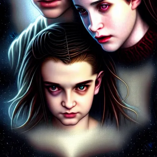 Image similar to twilight version of stranger things, portrait of edward and bella, diffuse lighting, fantasy, intricate, elegant, highly detailed, lifelike, photorealistic, digital painting, artstation, illustration, concept art, smooth, sharp focus, art by john collier and albert aublet and krenz cushart and artem demura and bouguereau and alphonse mucha