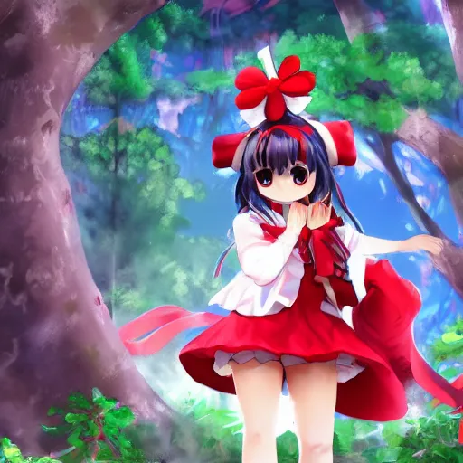 Image similar to a pixiv fanbox of reimu in the jungle wearing bonnet