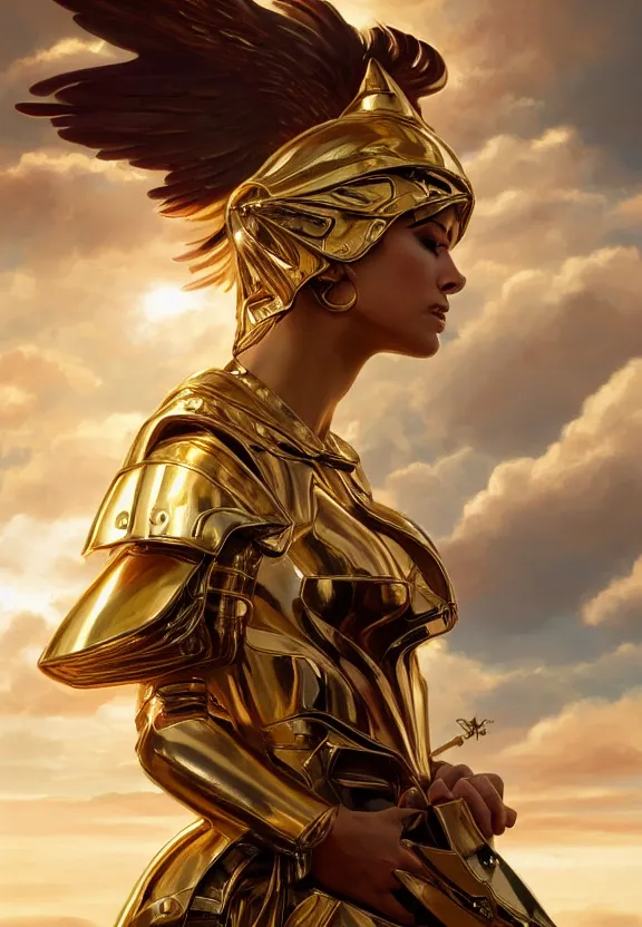 Image similar to A beautiful fierce photogenic angel wearing metallic battle armor, posing among heavenly sunlit clouds, close-up shot, elegant, digital painting, golden hour, cinematic, epic, trending on artstation, concept art, smooth, sharp focus, illustration, art by artgerm and Greg Rutkowski and Alphonse Mucha