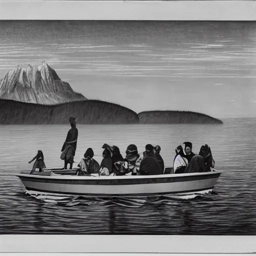 Image similar to by lawren harris monumental, washed - out. the sculpture of a group of well - dressed women & children enjoying a leisurely boat ride on a calm day. the women are chatting & laughing while the children play with a toy boat in the foreground.