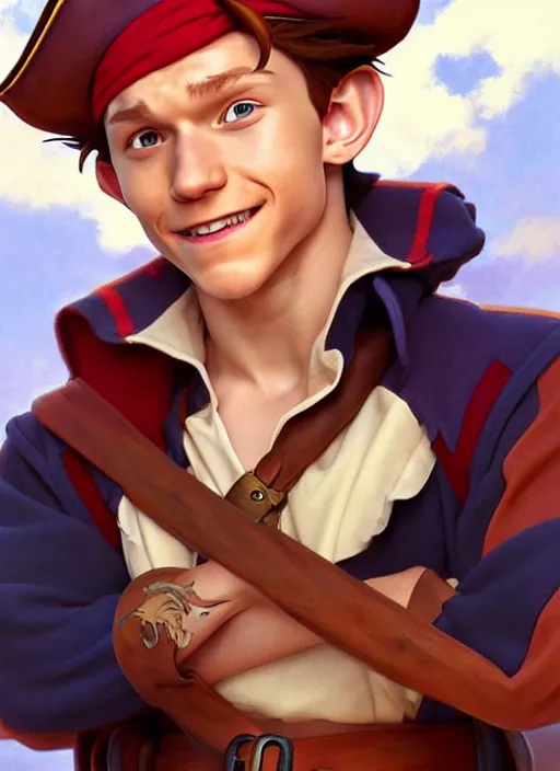 Image similar to cute tom holland as a pirate captain. parrot on his shoulder, natural lighting, path traced, highly detailed, high quality, digital painting, by don bluth and ross tran and studio ghibli and alphonse mucha, artgerm