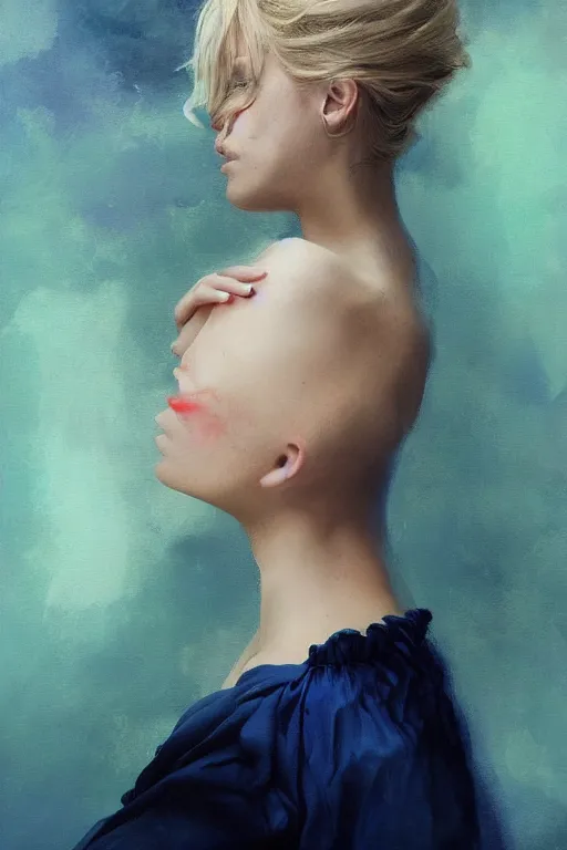 Prompt: an epic painting of a young woman, flowing golden blonde hairstyle, cornflower blue eyes, subject wearing a navy blue dress, flowing, ornate, kawaii, beautiful, coral red, mint, taupe, with few baby blue highlights, cinematic light, volumetric shading, by Greg Rutkowski and Jeremy Mann, trending on Artstation, 80mm lens, oil on canvas