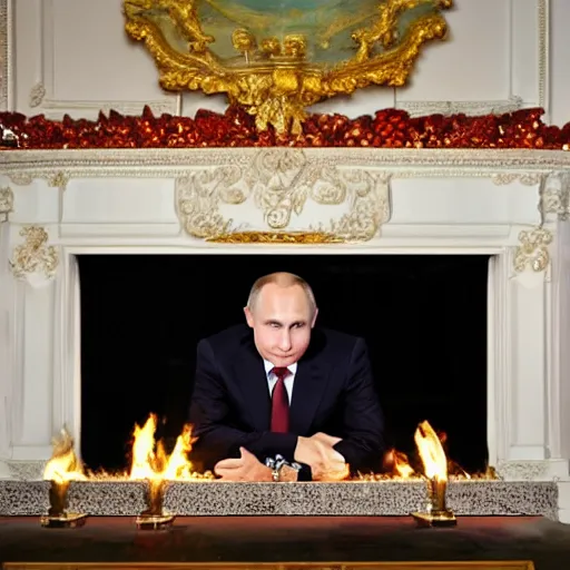 Prompt: vladimir putin looking into a log fire smirking reflections lighting