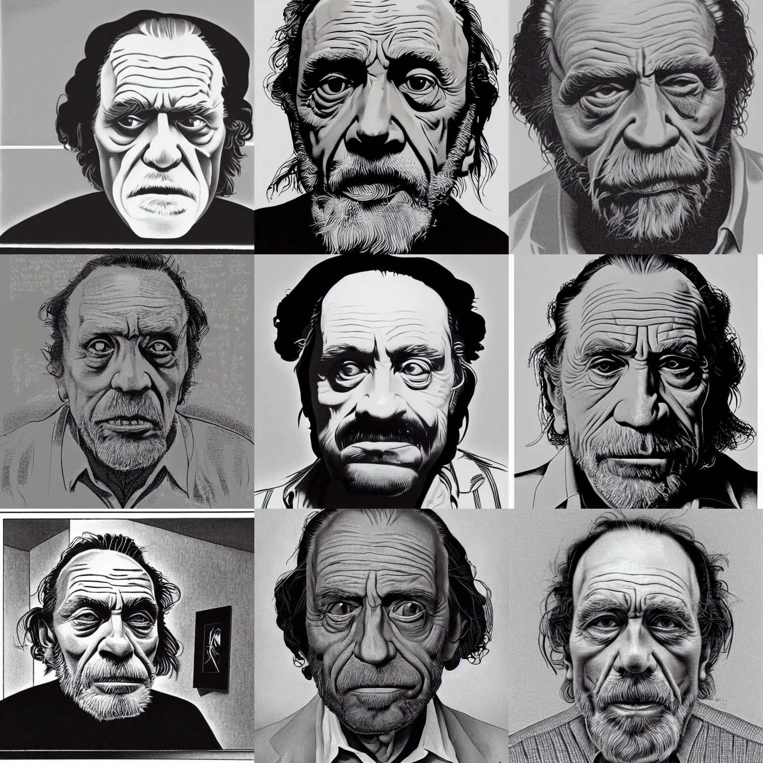 Prompt: charles bukowski portrait by escher