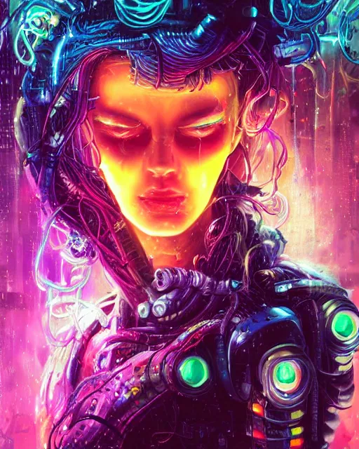 Image similar to a cyberpunk close up portrait of evil cyborg medusa, electricity, rainbow, snakes in hair, sparks, bokeh, soft focus, sparkling, glisten, water drops, cold, dark, geometric, temples behind her, by paul lehr, jesper ejsing