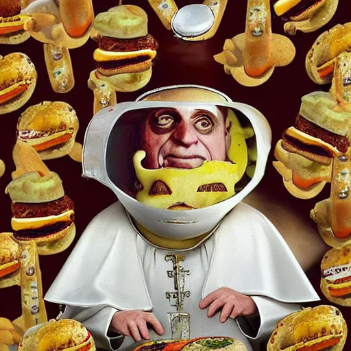 Image similar to a amazing new surrealist hybrid of the pope mixed with an anthropomorphic cheeseburger made of the popes face by kandinskali and catrin welz - stein, melting cheese, steamed buns, grilled artichoke, sliced banana, salami, milk duds, licorice allsort filling