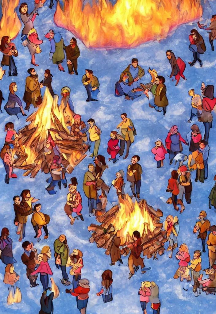 Image similar to realistic aerial race gather around a bonfire with a pregnant woman as her leader, intense blue eyes, realistic, antartic night