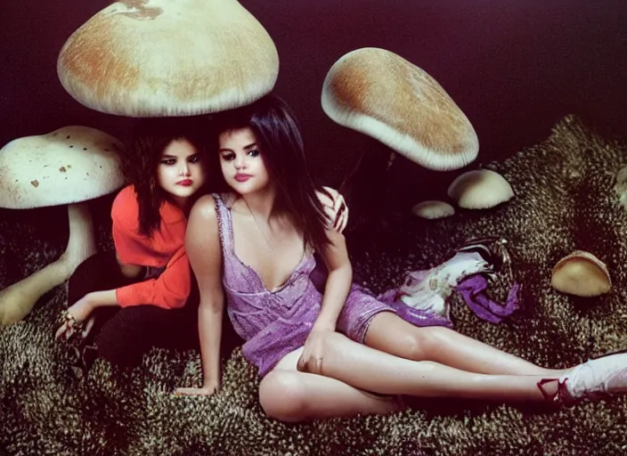 Image similar to Selena Gomez and Young Johnny Depp on a mushroom trip on shag carpet , photograph by Annie Leibovitz and Mark Seliger; oil on canvas; Dalle