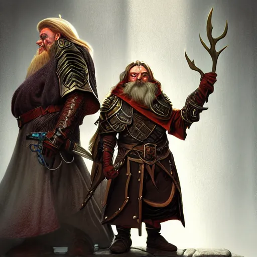 Image similar to a portrait of an elven wizard and a dwarf paladin, grimdark extremely detailed fantasy art by Gerald Brom, octane render