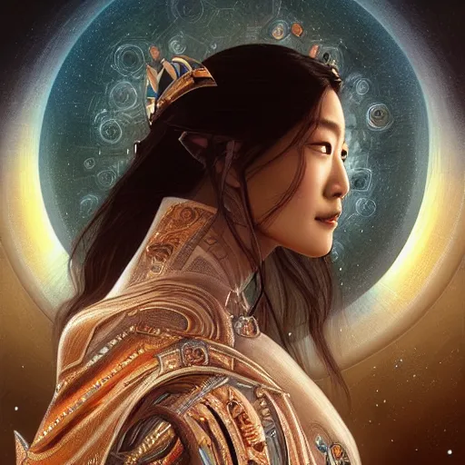 Prompt: jun ji hyun as symmetrical portrait of the goddess of the sky, d & d, fantasy, intricate, elegant, highly detailed, digital painting, artstation, smooth, sharp focus, illustration, art by artgerm and greg rutkowski and alphonse mucha, technomancer astronaut with an epic cosmic background