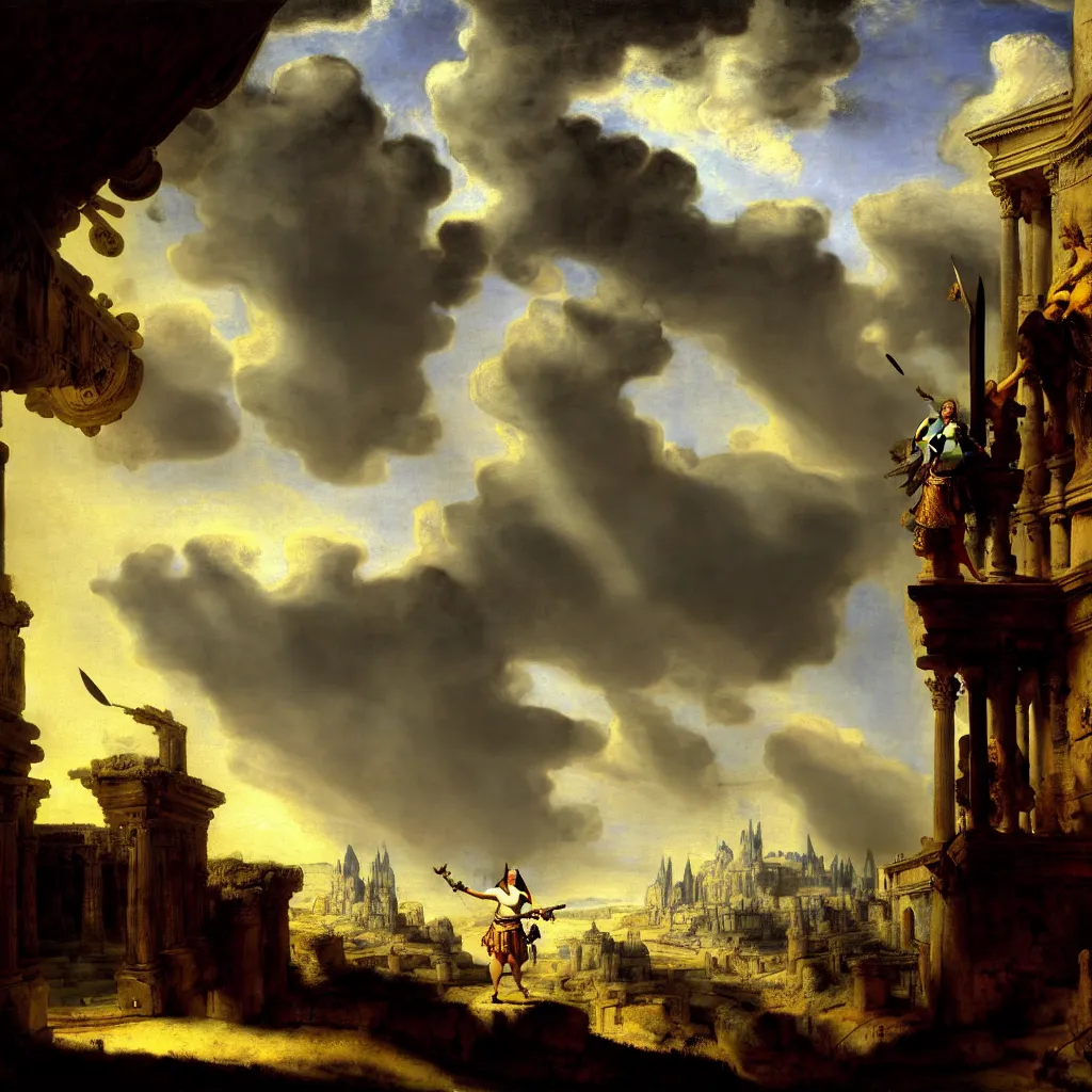 Prompt: painting of a cinematic still of a beautiful female gladiator with blue eyes holding a golden ornate spear in her hand by rembrandt van rijn and hubert robert, 2 0 0 mm, ancient roman ruins in the background, dramatic clouds, city in the distant on fire, pile of gladiator armor in the foreground