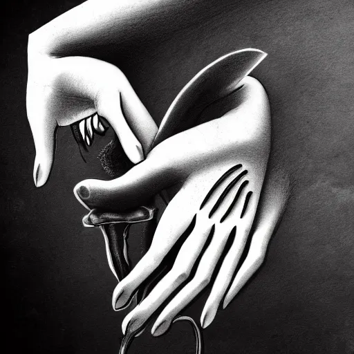 Prompt: illustration of hands ripping a heart into pieces, sadness, dark ambiance, concept by Godfrey Blow, featured on deviantart, drawing, sots art, lyco art, artwork, photoillustration, poster art