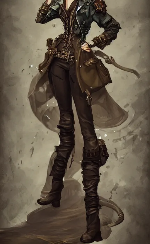 Prompt: character concept art for a steampunk fantasy rpg, full body, woman in trench coat and goggles, fantasy painterly style, artwork by ross tran, artgerm
