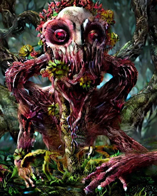 Prompt: a disturbing horror photograph of a fantasy creature made out of nature and flowers and fungus, intricate, hyperrealism, sharp focus, cinematography, highly detailed, octane render, digital horror cgi 4 k, matte, photograph by professional photographer