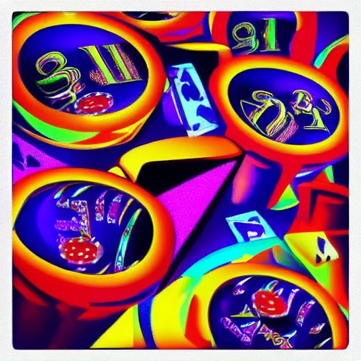 Image similar to “gambling casino, wine bottles, cigarettes Lisa Frank style art”