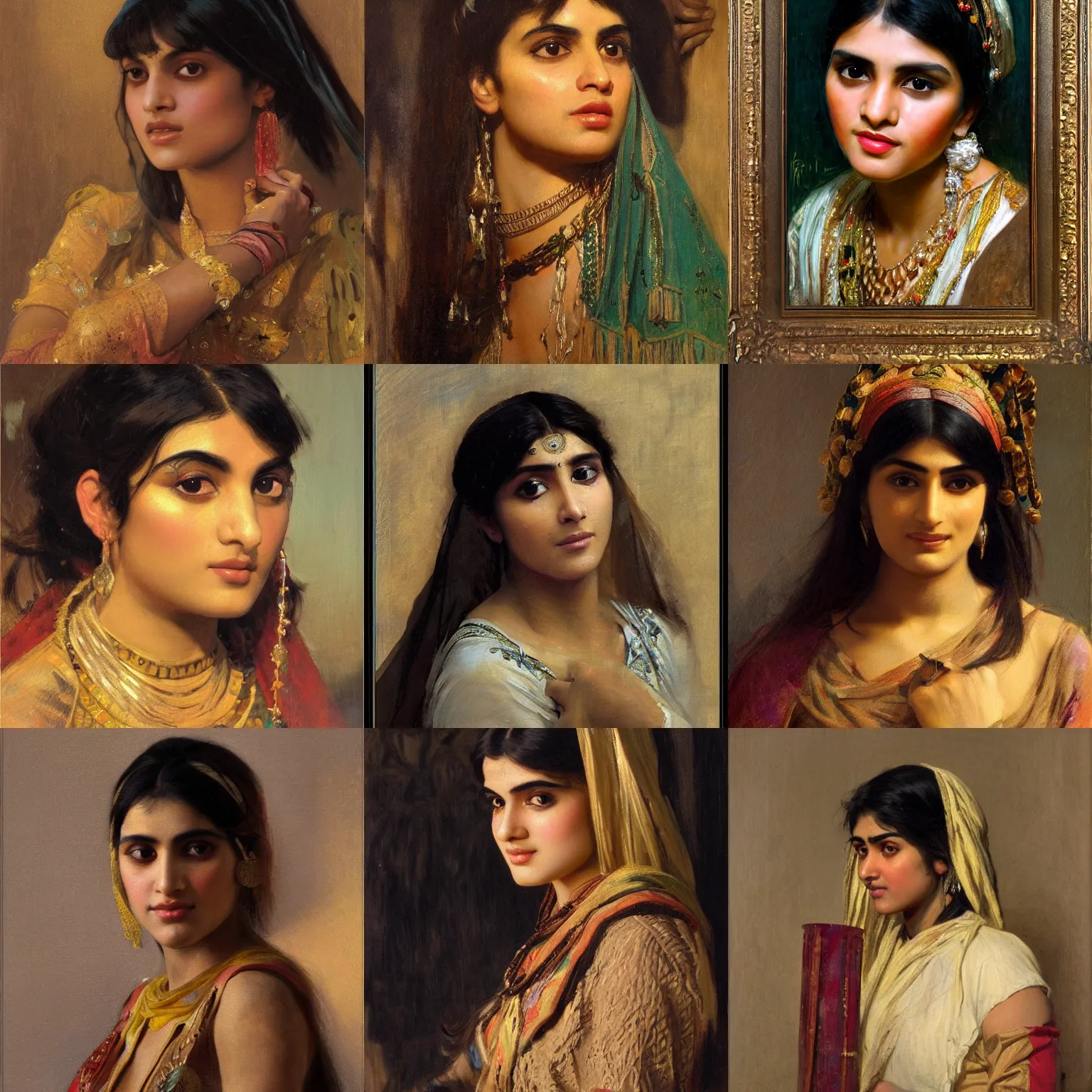 Prompt: orientalism painting of a pretty young pakistani woman with bangs face detail by theodore ralli and nasreddine dinet and anders zorn and edwin longsden long, bronze age, sword and sorcery, oil on canvas, masterful intricate artwork, excellent lighting, high detail 8 k