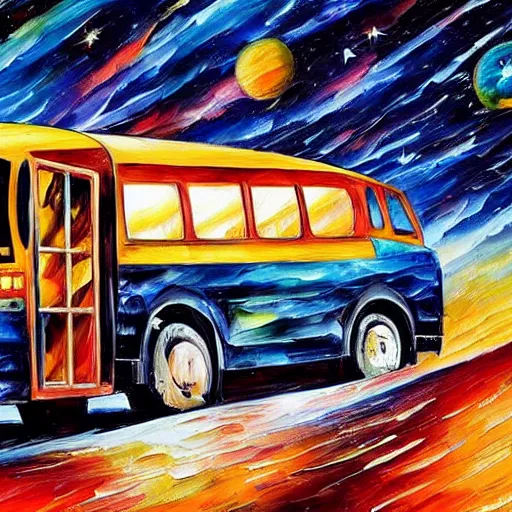 Image similar to school bus, on mars, school bus on mars, earth in the background, shooting stars, nebula, drawn by Leonid Afremov