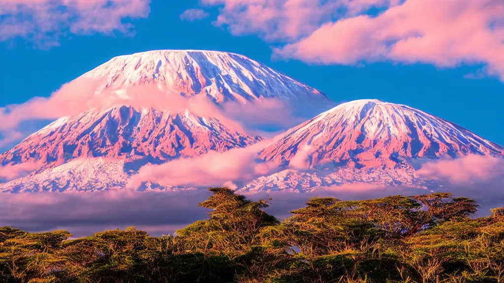 Image similar to Mount Kilimanjaro under the pink clouds backlit by the sun