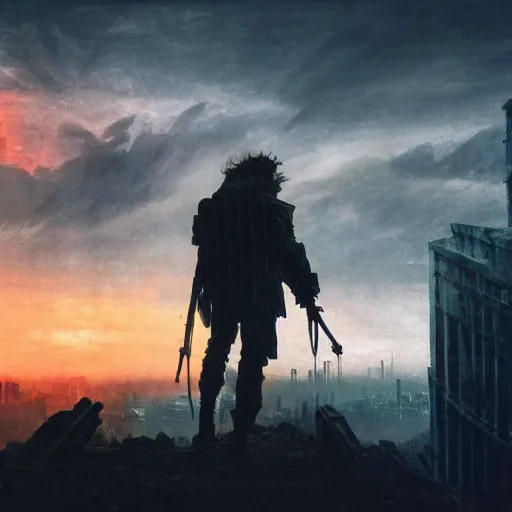 Prompt: wanderer with night vision goggles, dramatic light, sunset, sunrays, cyberpunk city in the background, ruins, buildings, dystoptian, gorgeous view, depth, painted by Caspar David Friedrich, clouds, tending on artstation