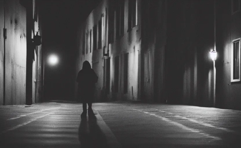 Prompt: person, shadow, alley, night, street lights, film grain, red eyes, overcast