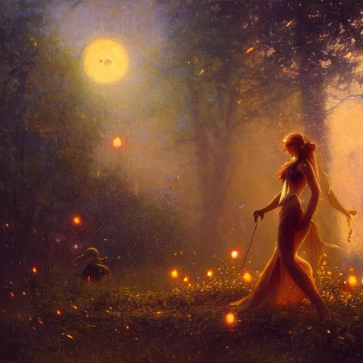 Prompt: attractive, fairy, woman, in the night, fantasy, crescent moon in background, luminous, toadstools, fireflies, fantasy, mist, highly detailed painting by gaston bussiere, craig mullins, j. c. leyendecker, mid shot, 8 k realistic, sharp focus