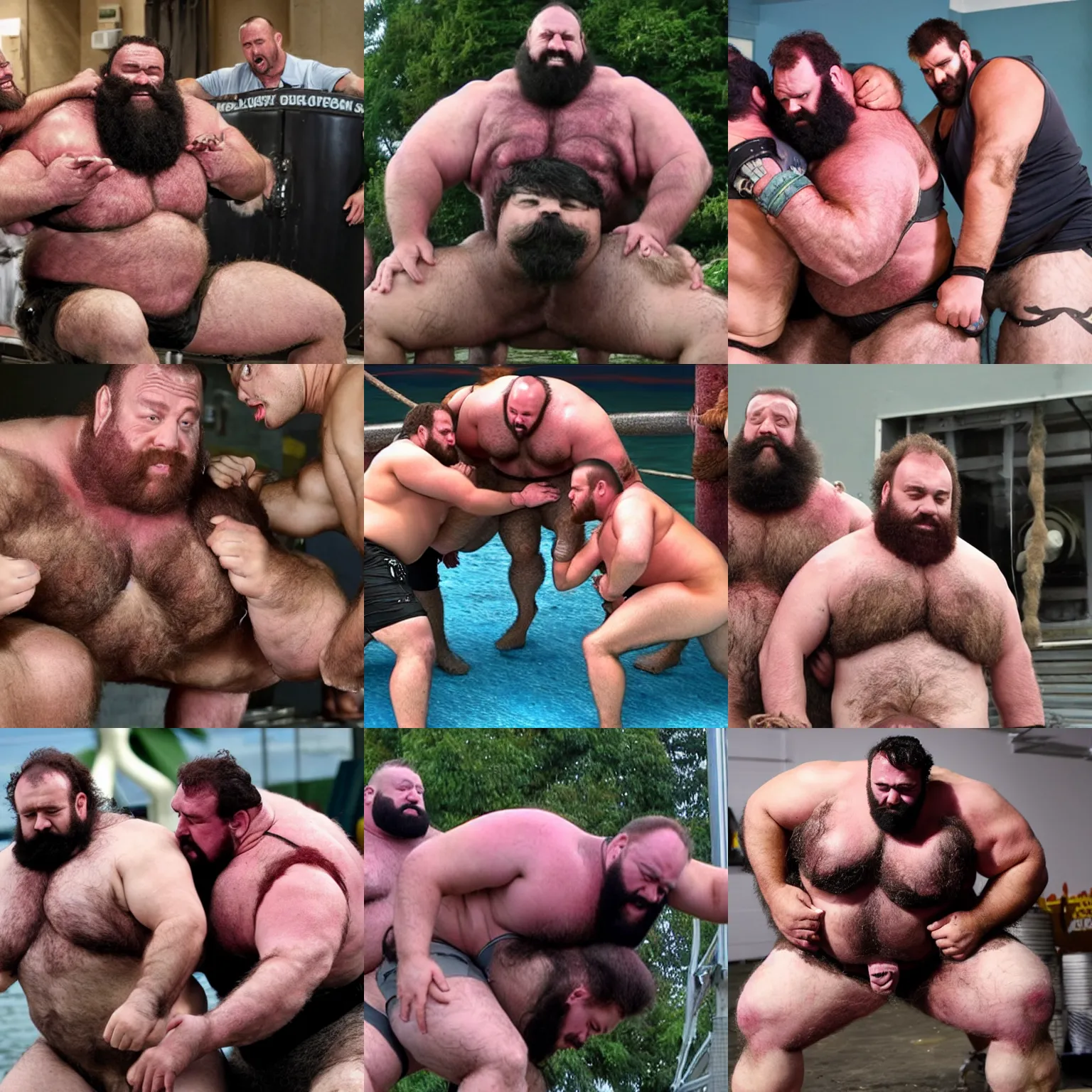 Prompt: burly hairy big strongmen restrained by tentacles
