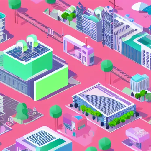 Prompt: isometric illustration of a dense urban city, lots of buildings and trees, pastel green and pastel pink colors, fun, soft, detailed, 3d rendered, playful