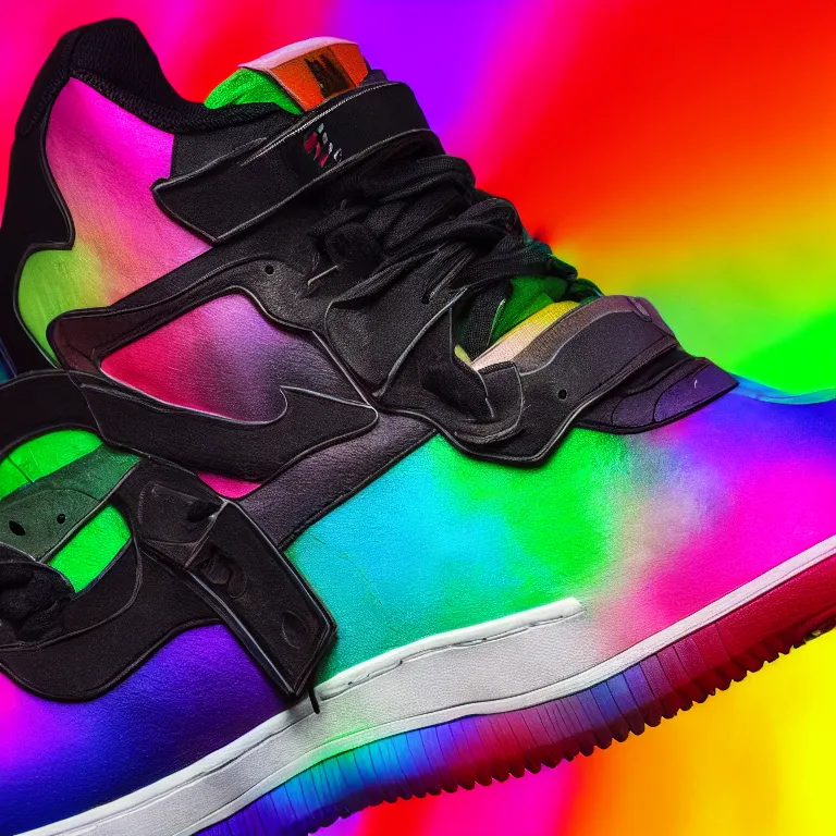Prompt: photography of a realistic rainbow color air force sneaker, ultra detailed, 8 k, black background, trending on artstation