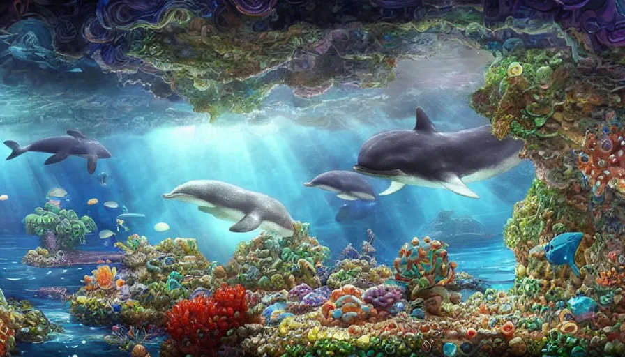 Prompt: underground aquarium comprised of pearlstone and pearlsand along with crystal shards and gelatin crystals in terraria, coral reef, giant blue whale levitating with a couple dolphins around, by wlop, very detailed, art fantasy by craig mullins