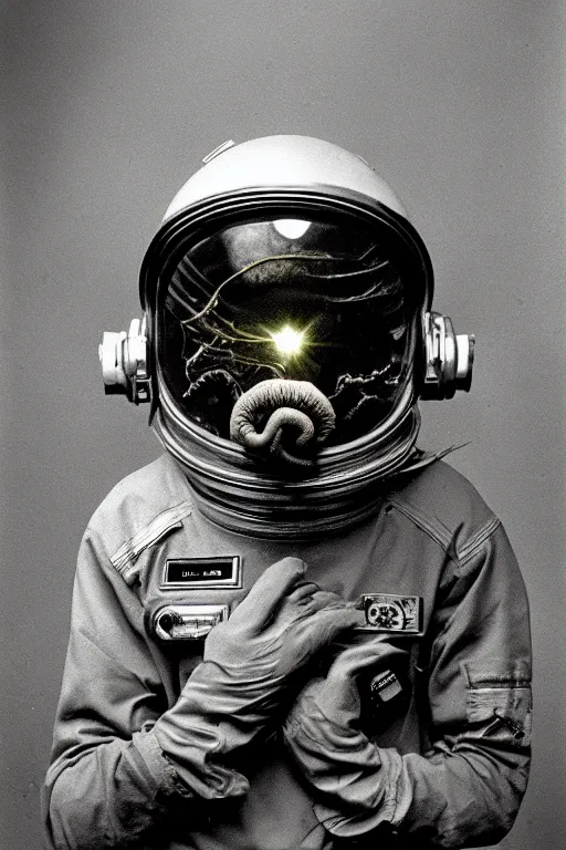 Image similar to extremely detailed studio portrait of space astronaut, alien tentacle protruding from eyes and mouth, slimy tentacle breaking through helmet visor, shattered visor, full body, soft light, disturbing, shocking realization, award winning photo by james van der zee