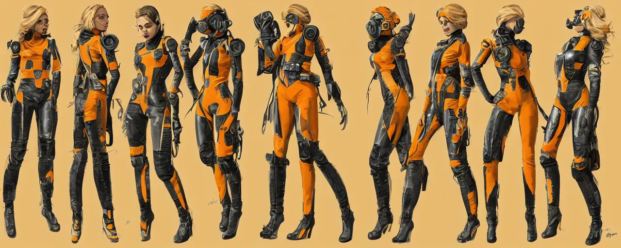 Prompt: character design, fashion reference sheet, curvy, 70's jetfighter pilot girl, optimistic, dirty yellow and orange flight suit, scuffed exoskeleton, concept art, photorealistic, hyperdetailed, 3d rendering!, rimlight , art by Frazetta,