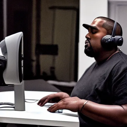 Image similar to obese Kanye West wearing a headset yelling at his monitor while playing WoW highly detailed wide angle lens 10:9 aspect ration award winning photography