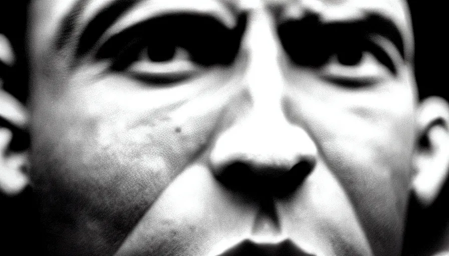 Prompt: 1 9 6 0 s movie still close - up of marcus atilius regulus'face with his eyelids teared off, cinestill 8 0 0 t 3 5 mm b & w, high quality, heavy grain, high detail, texture, dramatic light