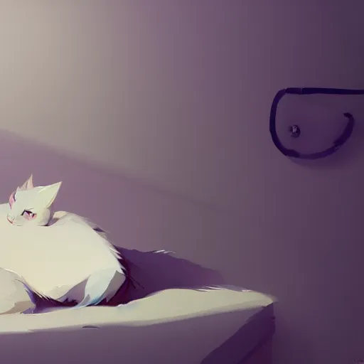 Image similar to a white cat lying on the bed, characterized by roman shipunov, etienne hebinger, atey ghailan, cgsociety, fantasy art, 2 d game art