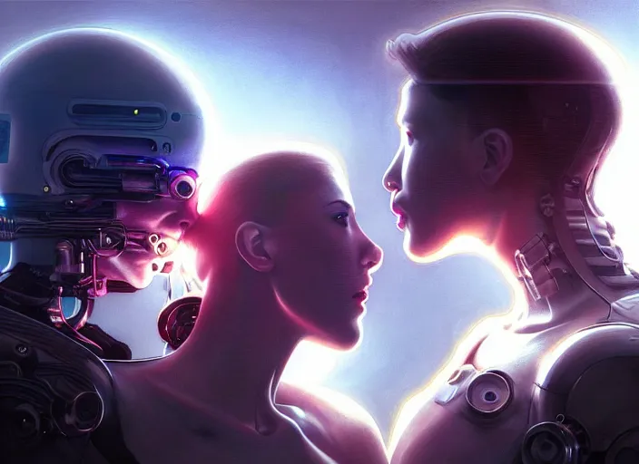 Image similar to ultra realistic medium shot of a couple of cyborgs kissing, lovers, cyberpunk, sci - fi, fantasy, kodak, colour led lighting, soft light, volumetric lighting, fog, rays, night, intricate, highly detailed, digital painting, concept art, smooth, sharp focus, illustration, art by artgerm and greg rutkowski and alphonse mucha