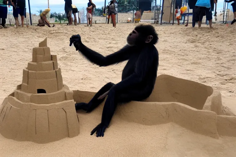 Image similar to a monkey touching a completed sand castle