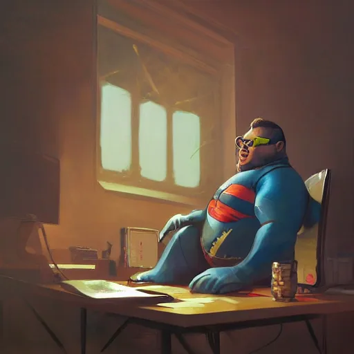 Prompt: a insanely detailed painting of a slightly overweight man wearing a homemade superhero costumed, sitting at a computer desk, nervously and clicking on the mouse, in the style of peter mohrbacher, dramatic lighting and composition, trending on artstation, concept art, comic book