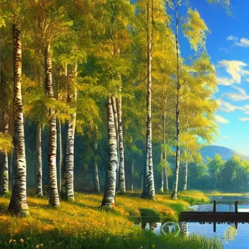 Image similar to a masterpiece detailed beautiful russian village, trees, birch, lake, golden hour, sunset, by Makoto Shinkai and Ivan Shishkin