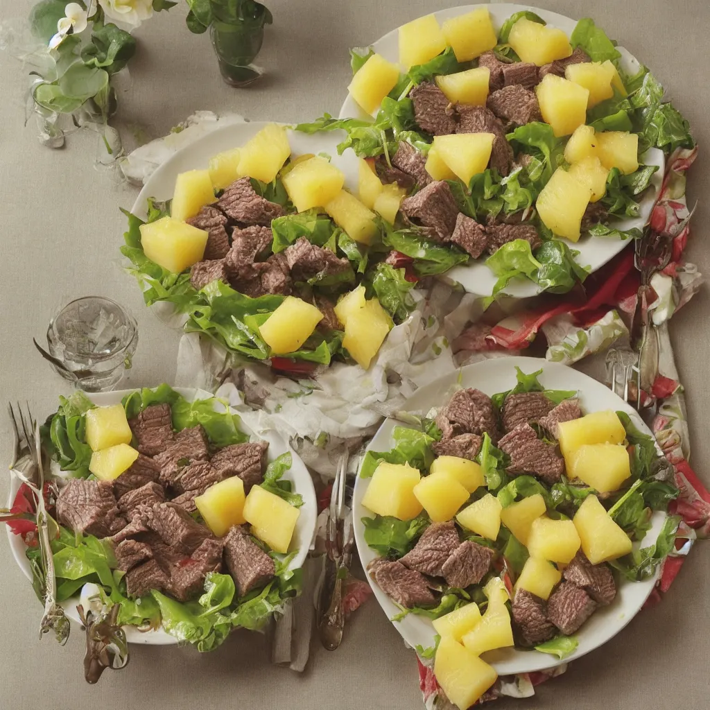 Prompt: a dreamy photo of {{{beef}}} salad and pineapple jelly, 1986