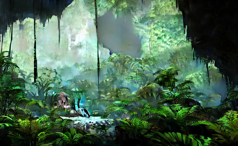 Image similar to a beautiful render of a dark prehistoric rainforest in a humongous cave, lush flora, patches of sky, magenta, green, sunset, floating mountains and a waterfall in the background, intricate detail, hazy, humid, volumetric lighting, 8 k, photorealistic, raytracing effects, unreal engine 5