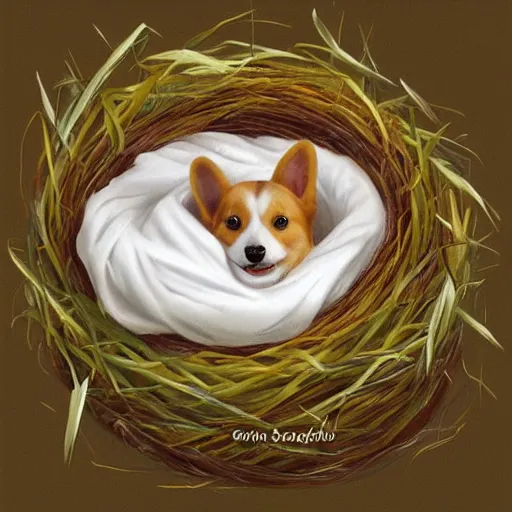 Image similar to concept art of a baby corgi sleeping in an egg in a nest, anne geddes