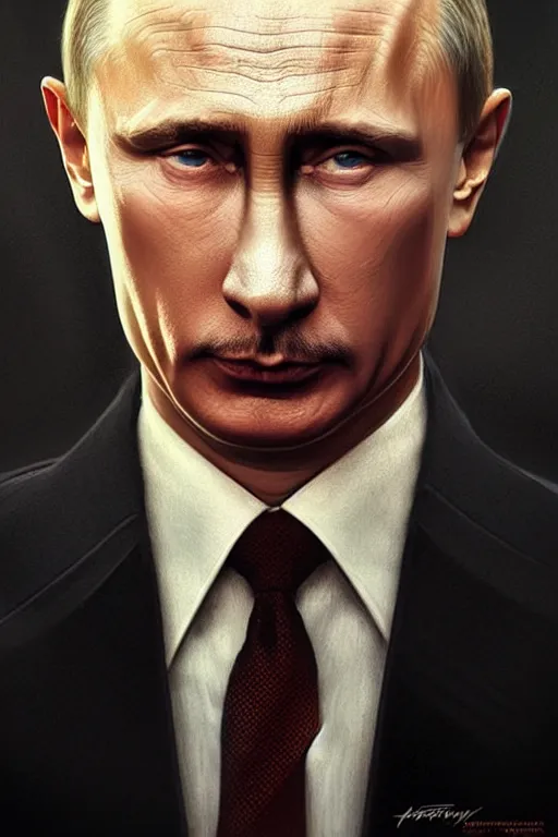 Image similar to vladimir putin playing hitler in a movie, realistic portrait, symmetrical, highly detailed, digital painting, artstation, concept art, smooth, sharp focus, illustration, cinematic lighting, art by artgerm and greg rutkowski and alphonse mucha